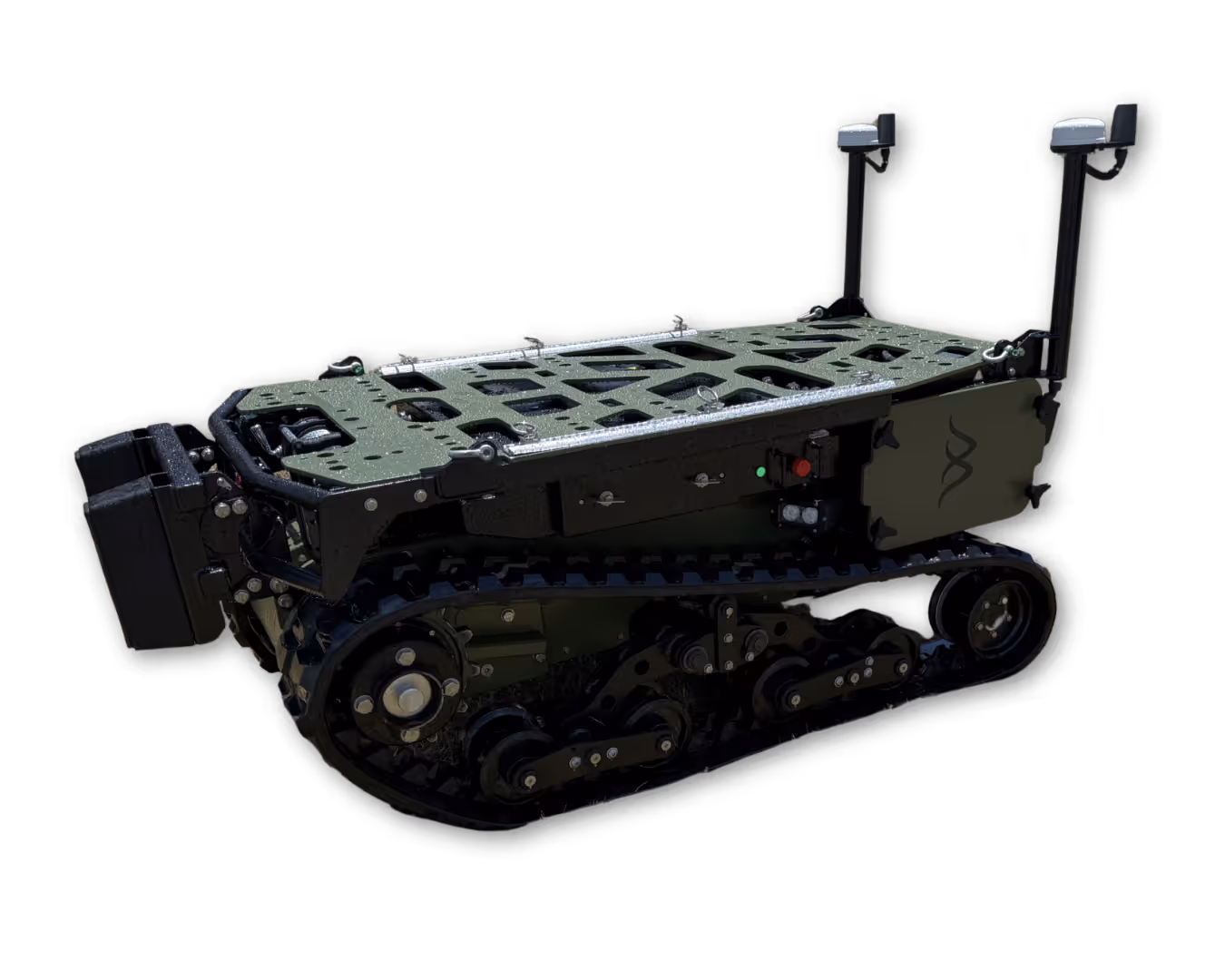 Tracked military-style unmanned ground vehicle base platform in dark green and black.