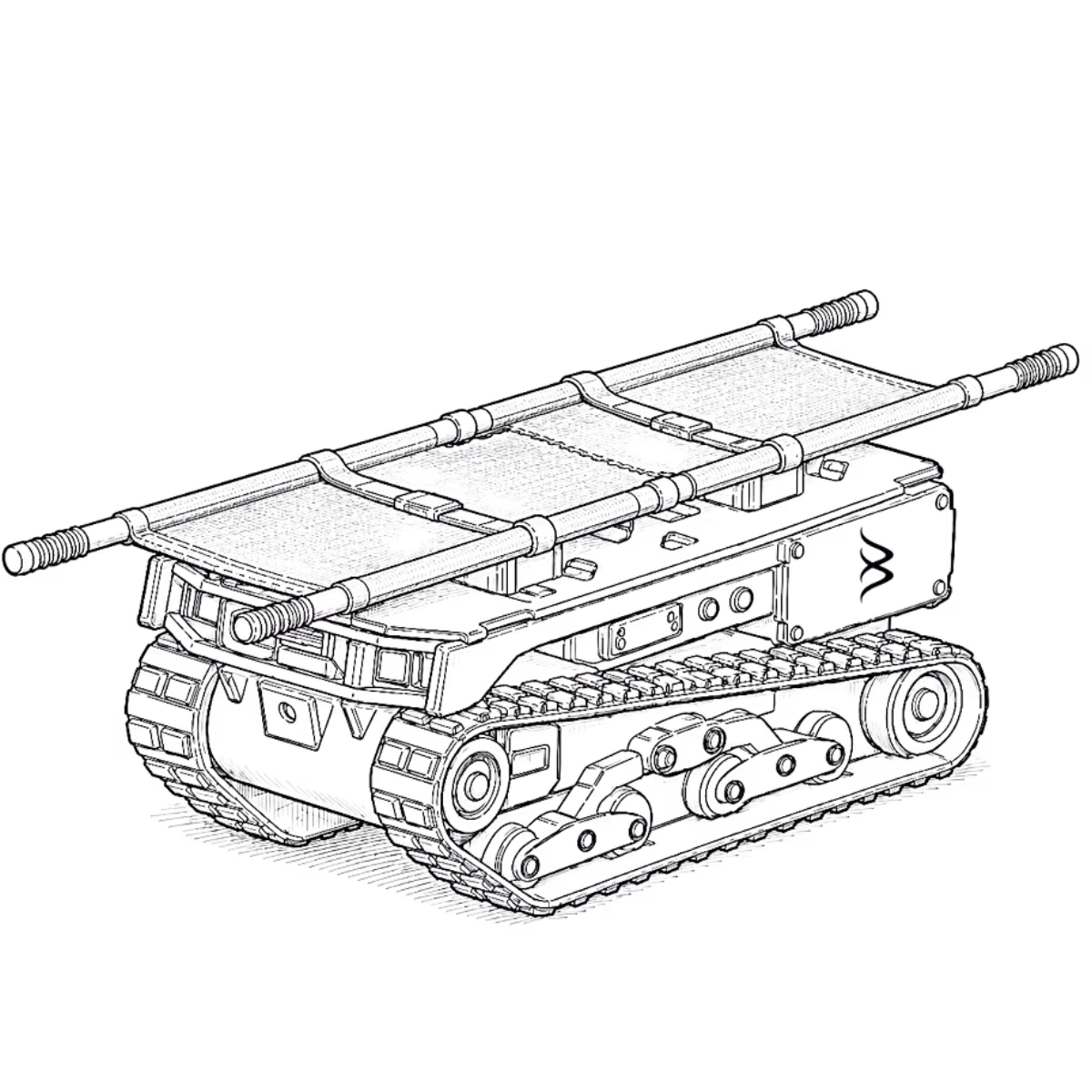 Tracked robotic stretcher platform with foldable stretcher bed equipped with handles.