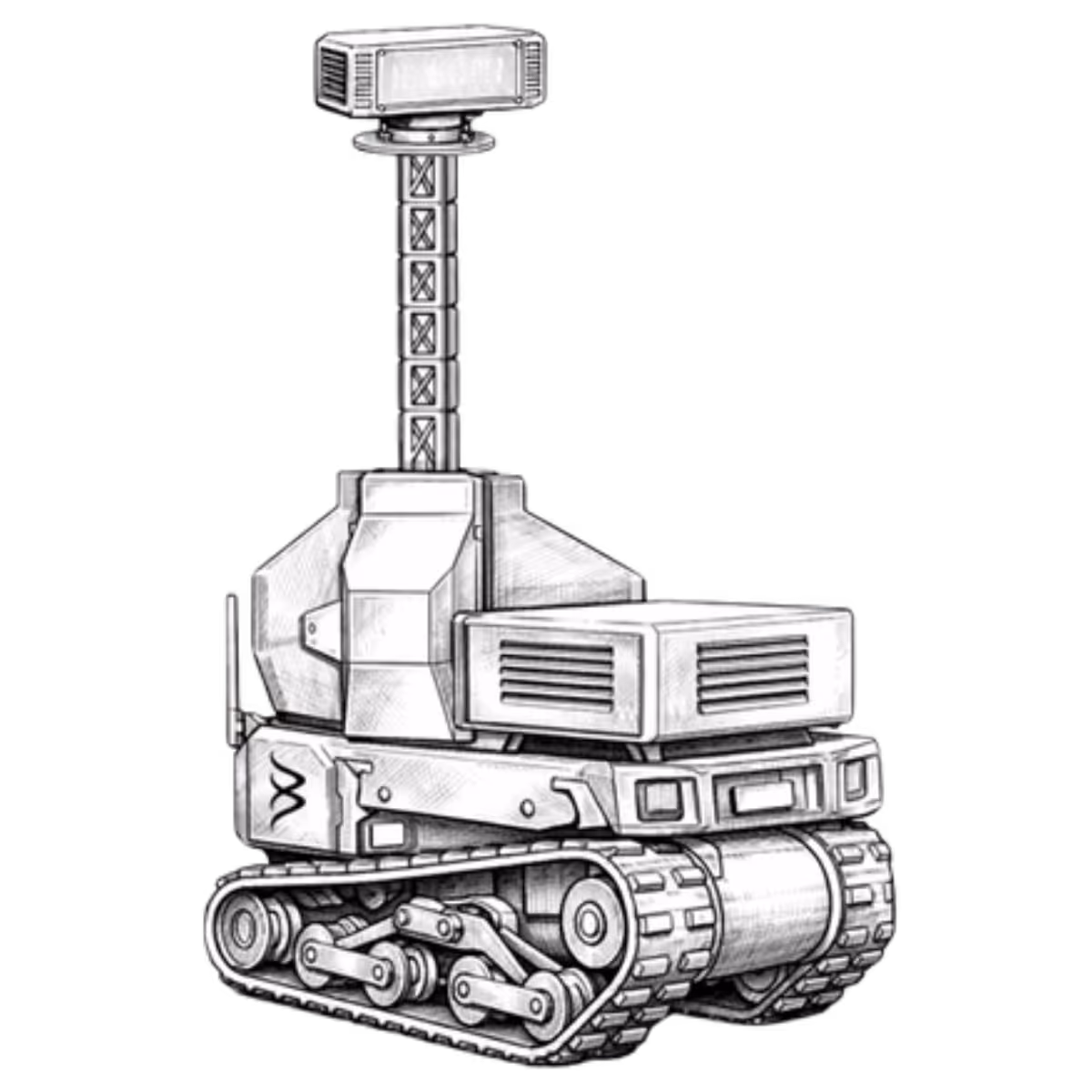 Black and white sketch of a tracked robotic vehicle with a tall, rectangular sensor mounted on a lattice mast.