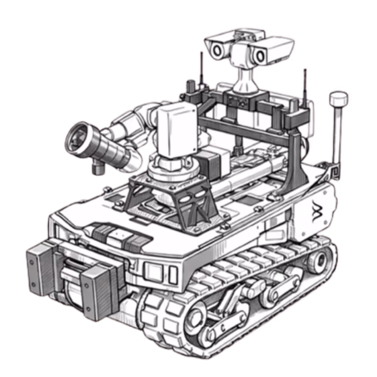 Black and white illustration of a tracked firefighting robot equipped with cameras and a water nozzle.