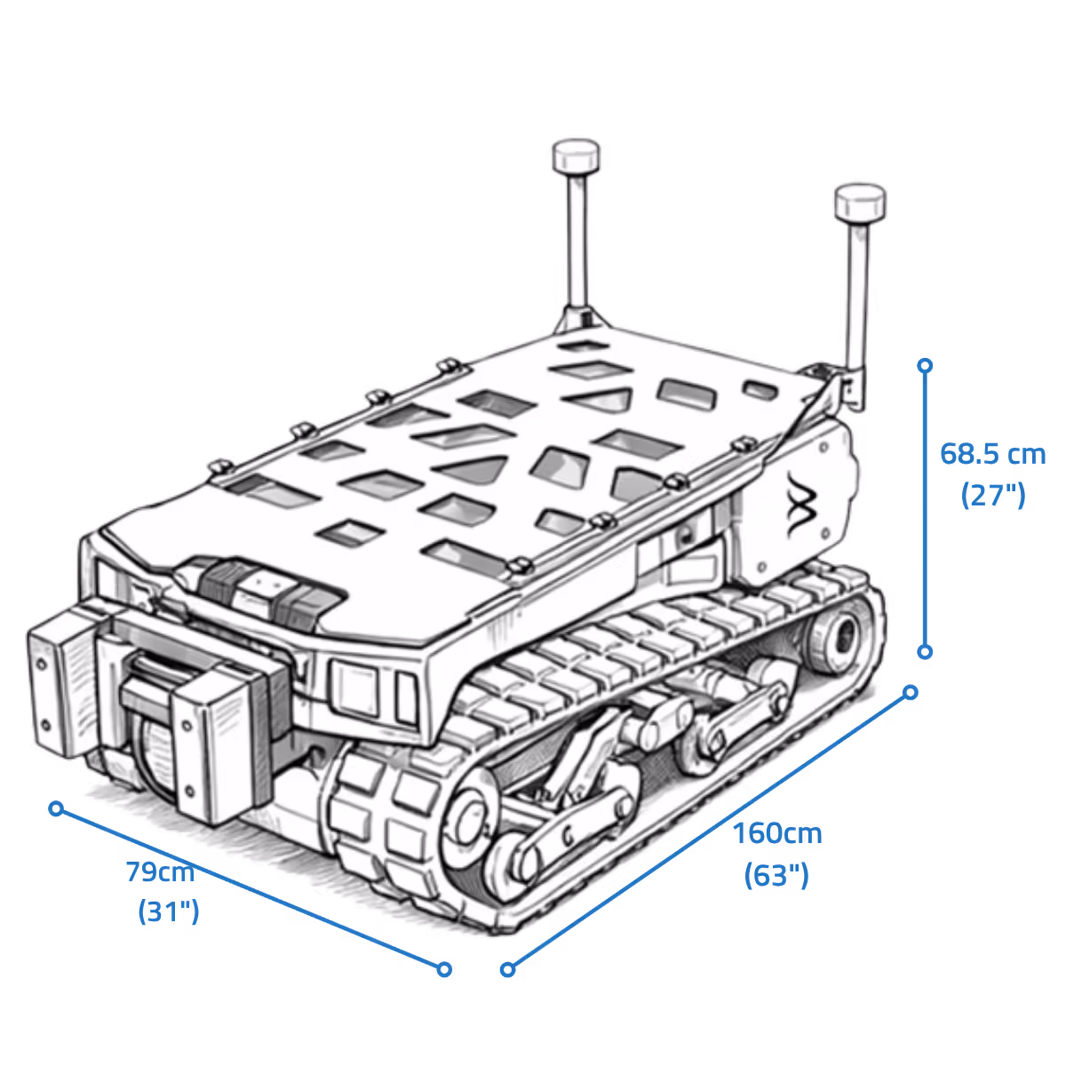 Tracked robotic platform with dimensions marked: 160 cm long, 79 cm wide, and 68.5 cm high.