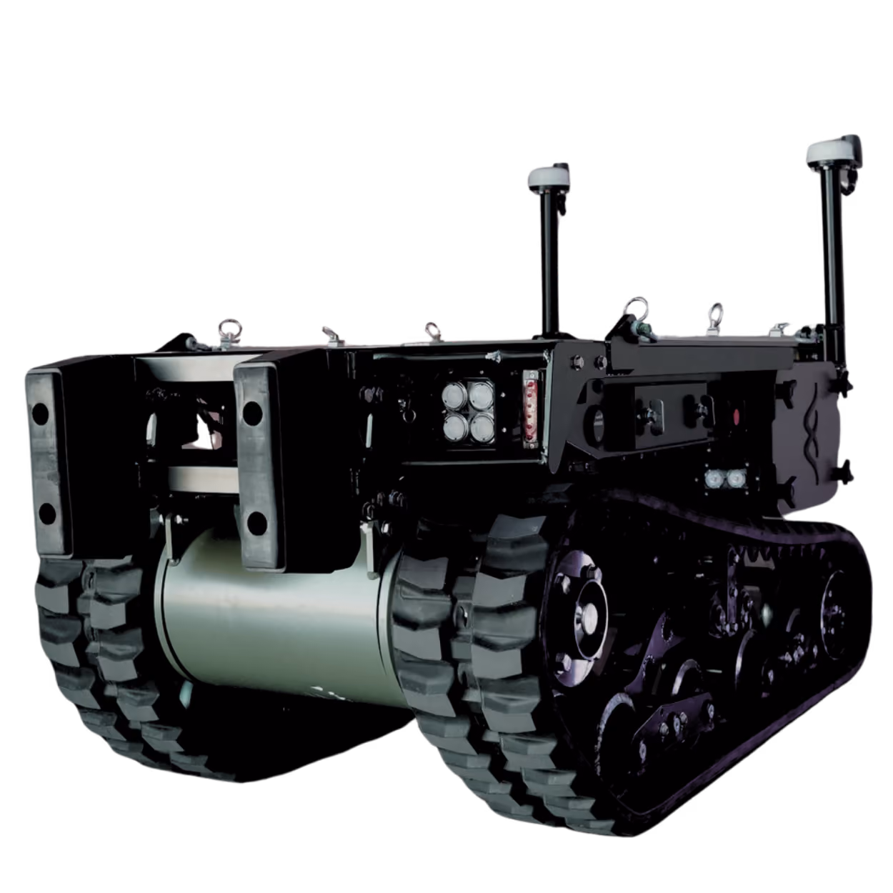 jEKYLL tracked unmanned ground vehicle, standard platform with antenna masts, rear three-quarter view