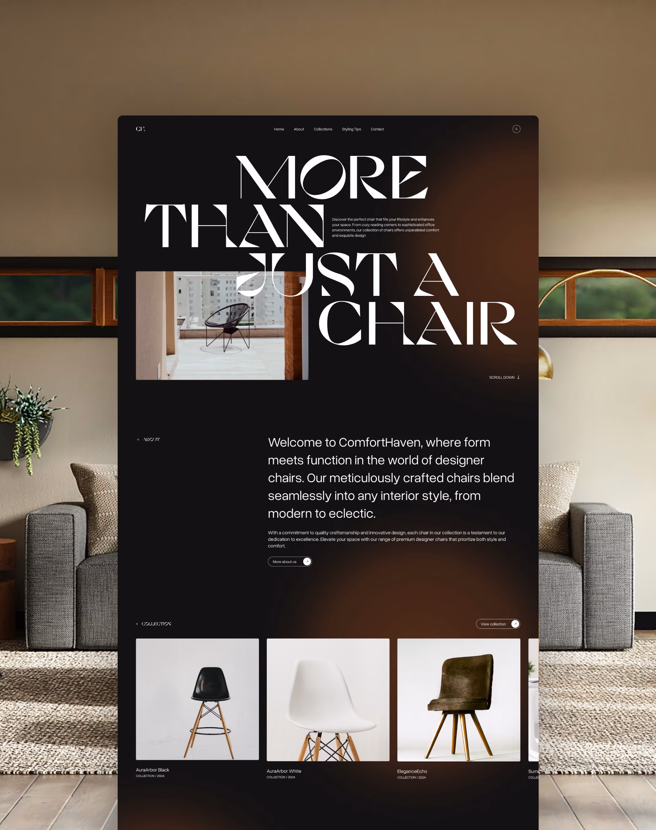 Website homepage of designer chairs with modern chair images and text 'More than just a chair.'