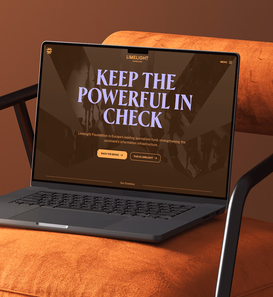 Website homepage of limelight foundation and text 'keep the powerful in check.'