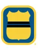 Blue and yellow shield-shaped road sign with a black horizontal stripe in the middle.