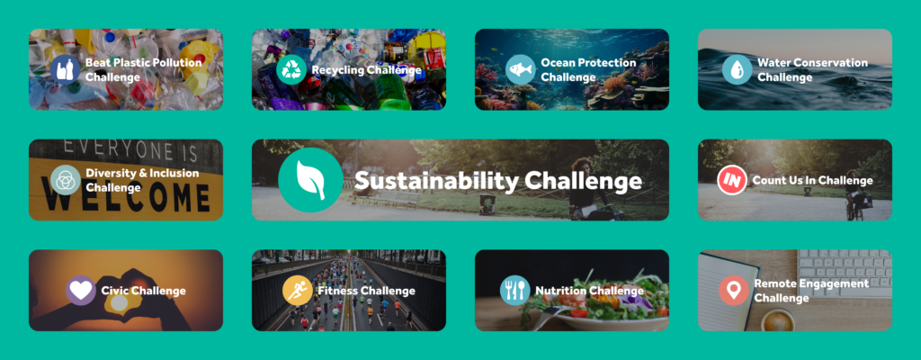 A collage showcasing some of JouleBug's available challenge themes that clients may choose from for their single challenge package