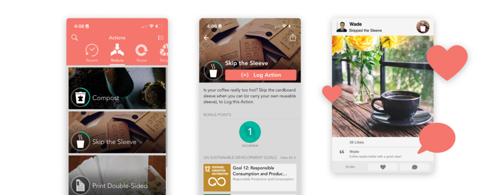 JouleBug mobile app featuring waste and recycling actions on-the-go, at home, and in the office