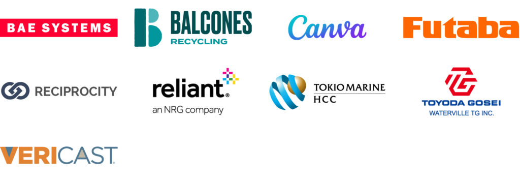 EarthShare Texas Sustainability Challenge Businesses: CanvaTokio Marine HCCFutaba IndustrialBAE SystemsReliant EnergyReciprocityVericastToyoda Gosei Texas Balcones Recycling