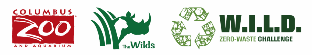 An image containing 3 logos. One logo from the Columbus Zoo and Aquarium, one from The Wilds, and another of the WILD Zero Waste Challenge.  