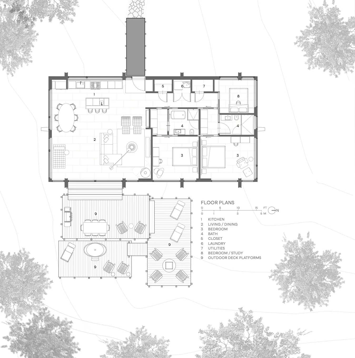 Architectural floor plan of Camp Double Oak showing the kitchen, living/dining area, bedrooms, bathroom, closet, laundry, utility room, and outdoor deck platforms