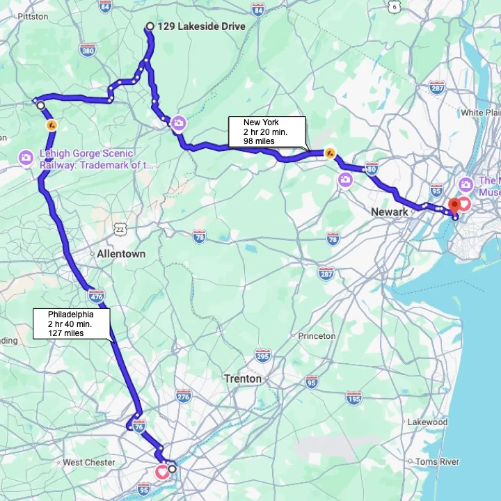 Map showing driving directions to Camp Double Oak at 129 Lakeside Drive from Philadelphia (2 hr 40 min) and New York (2 hr 20 min)