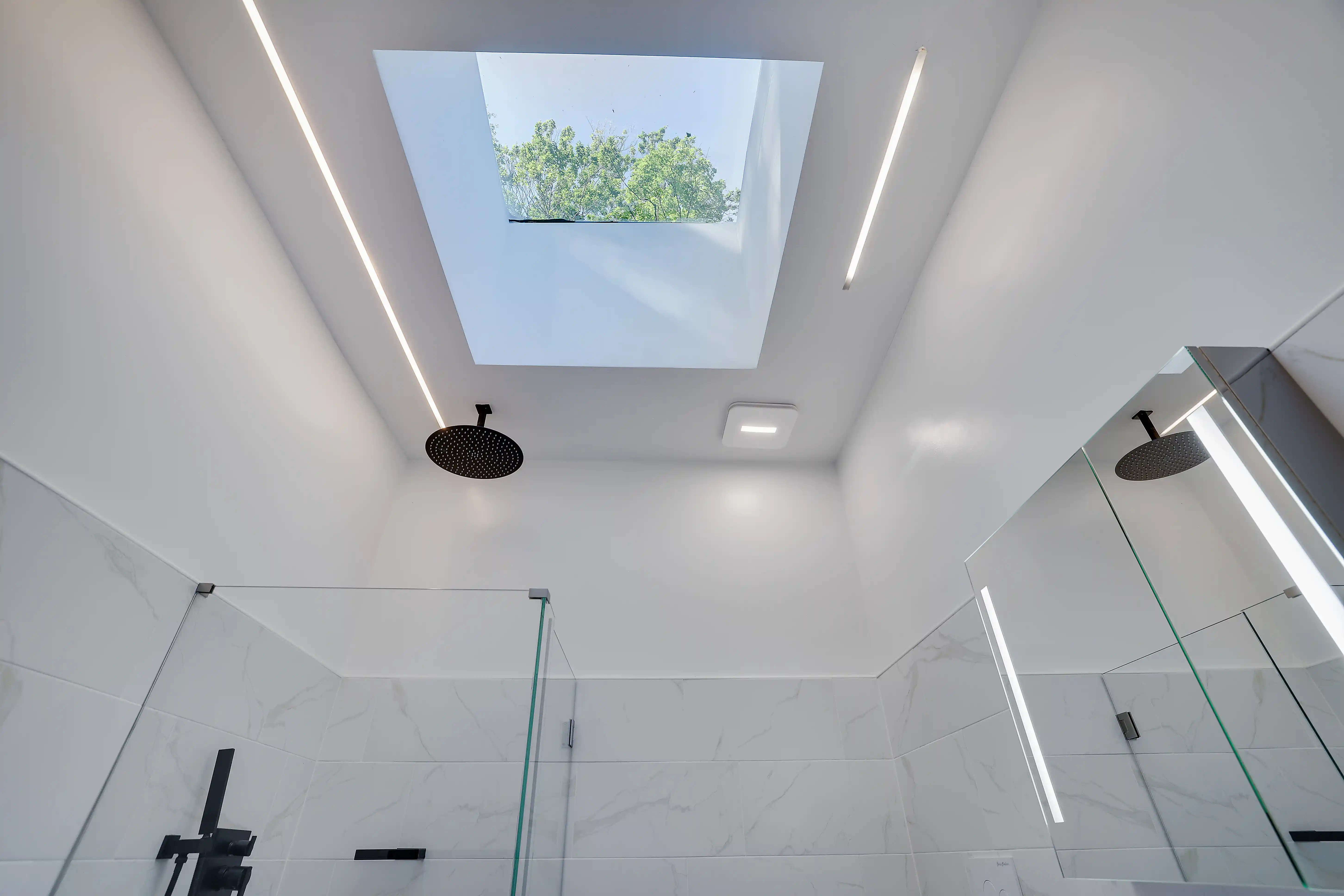 Skylight above a rain shower framing a view of the treetops.