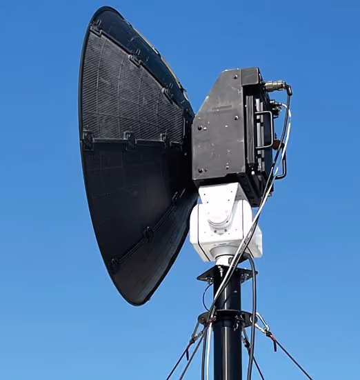 BlueSky Mast 350 Lift Series with Comtech COMET troposcatter terminal, deployed in the field, electronic warfare application