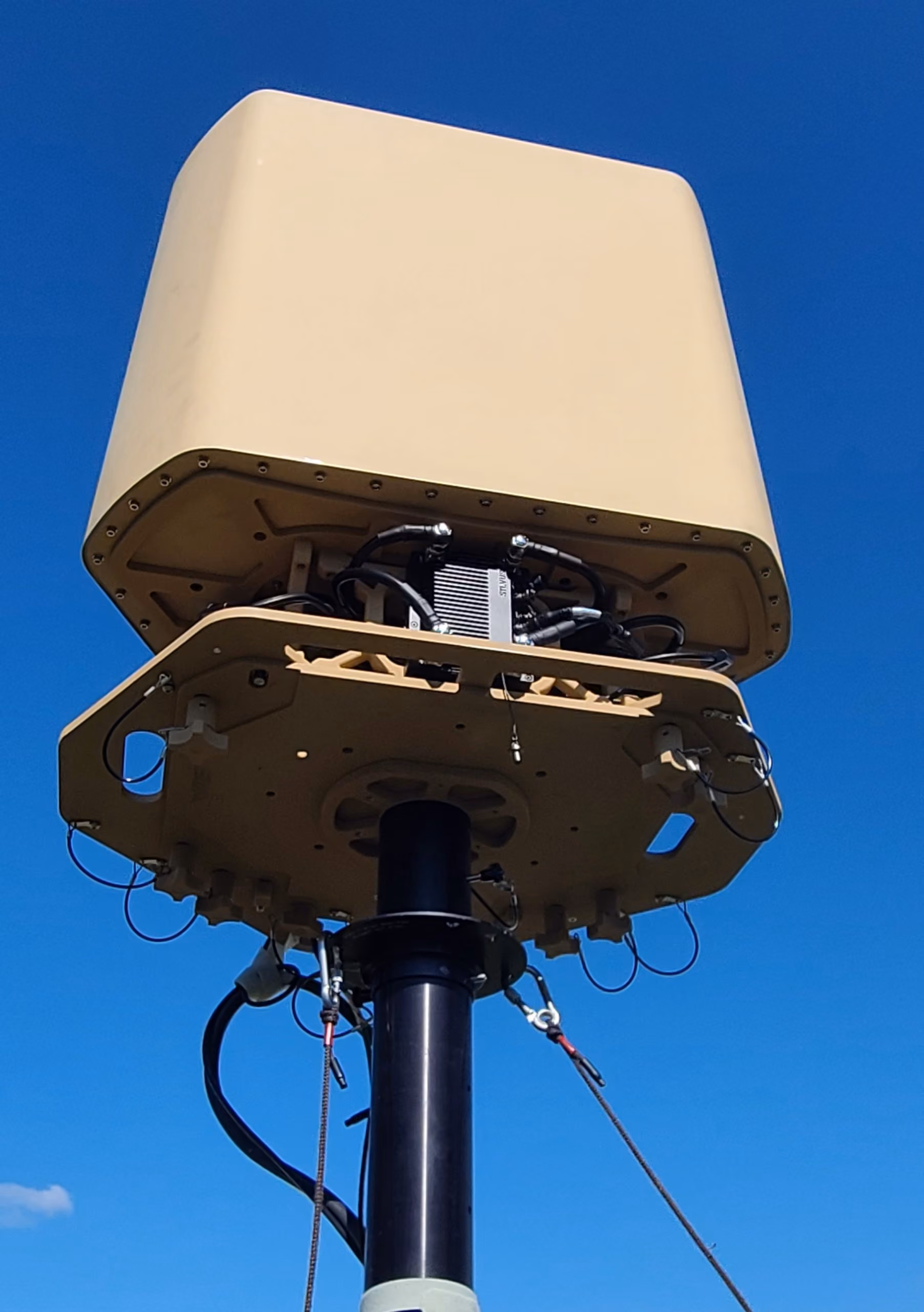 BlueSky Mast 350 Lift Series with Silvus Technologies StreamCaster MANET radio kit, deployed in the field, tactical communications application