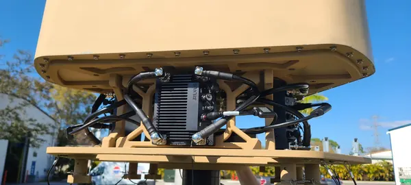 BlueSky Mast 350 Lift Series with Silvus Technologies StreamCaster MANET radio kit, deployed in the field, tactical communications application