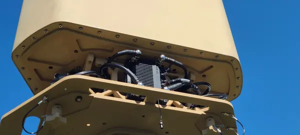 BlueSky Mast 350 Lift Series with Silvus Technologies StreamCaster MANET radio kit, deployed in the field, tactical communications application