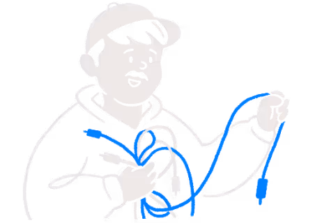Stylized illustration of a person wearing a cap holding a blue rope or cord in both hands.