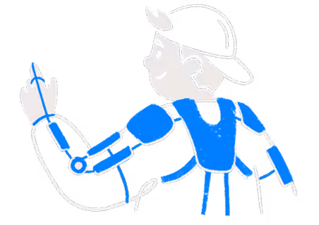 Illustration of a person wearing a backwards cap and a blue robotic exoskeleton arm raised.