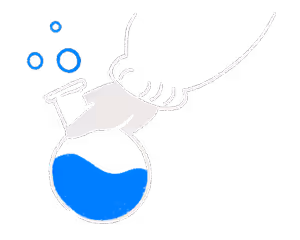 Hand pouring blue liquid from a conical flask with bubbles rising above it.