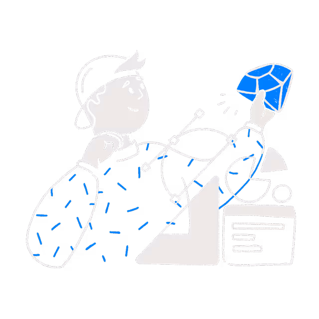 Illustration of a person wearing a cap and patterned sweater examining a blue polygonal shape, surrounded by geometric shapes and design tools.