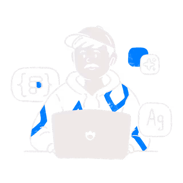 Illustration of a person wearing a cap and hoodie working on a laptop, surrounded by icons representing coding and text editing.