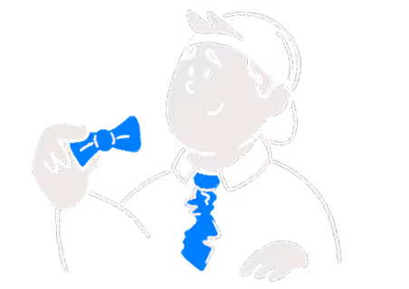 Cartoon character wearing a baseball cap and a shirt with a blue tie, holding a blue bow tie in one hand.