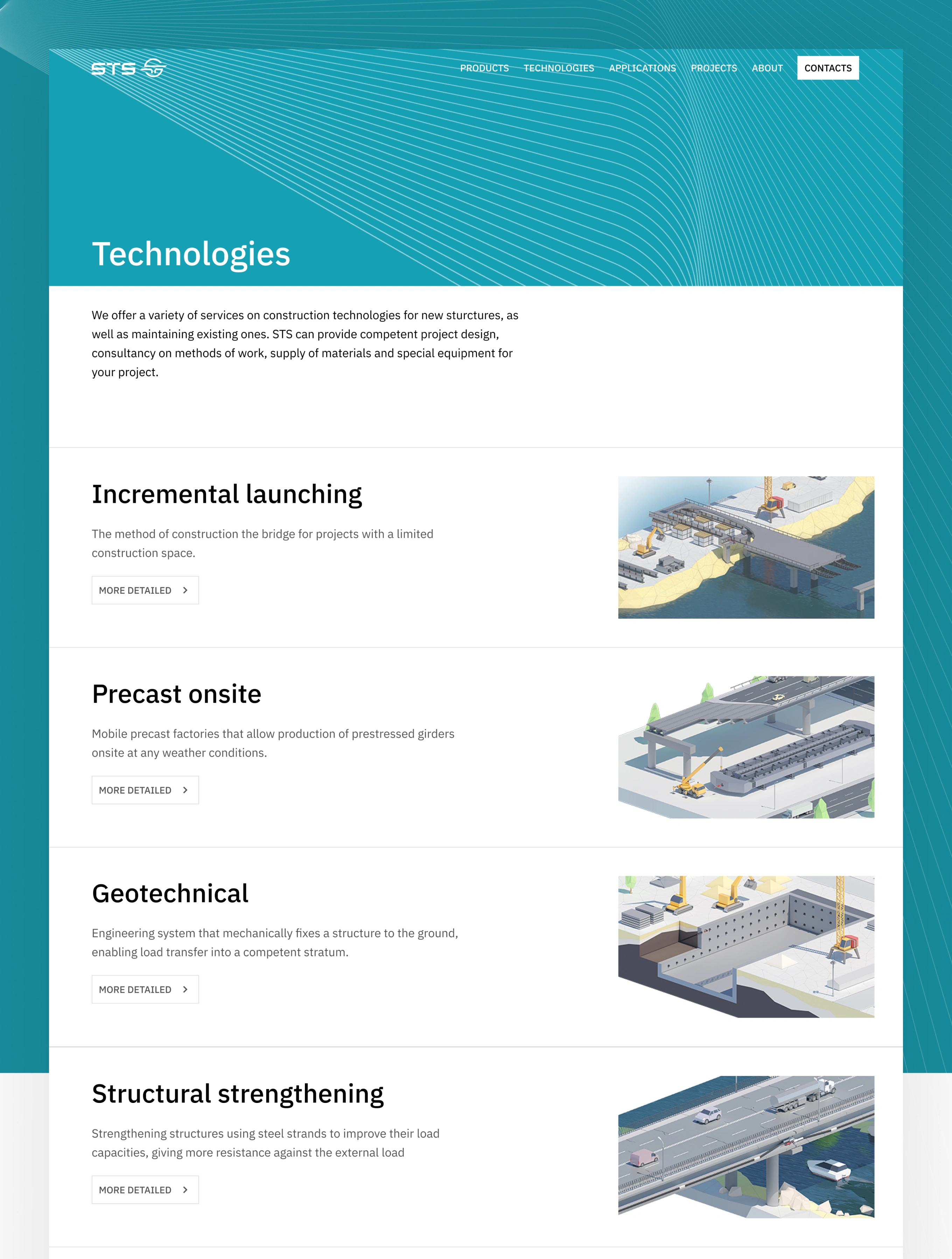 STS-Hydro Technologies page listing Incremental Launching, Precast Onsite, Geotechnical, and Structural Strengthening methods