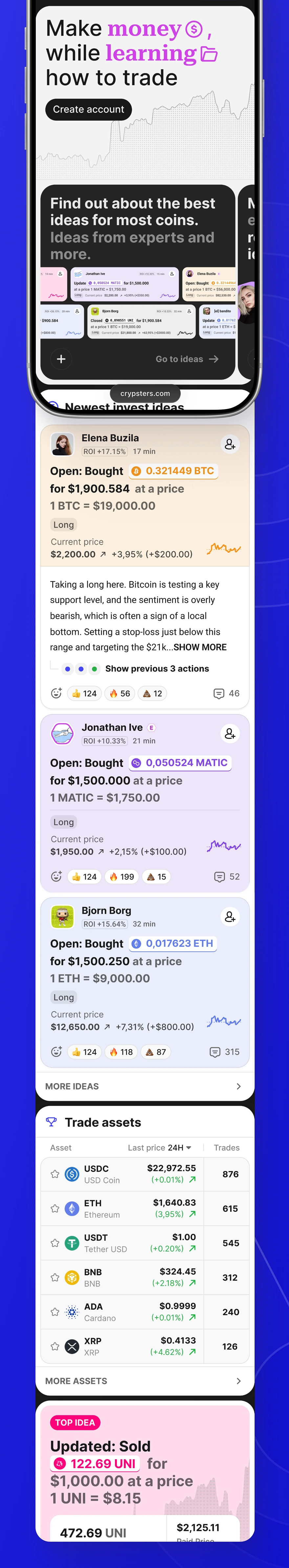 Mobile guest homepage of a crypto forecasting platform with sign-up prompt and live trading ideas.