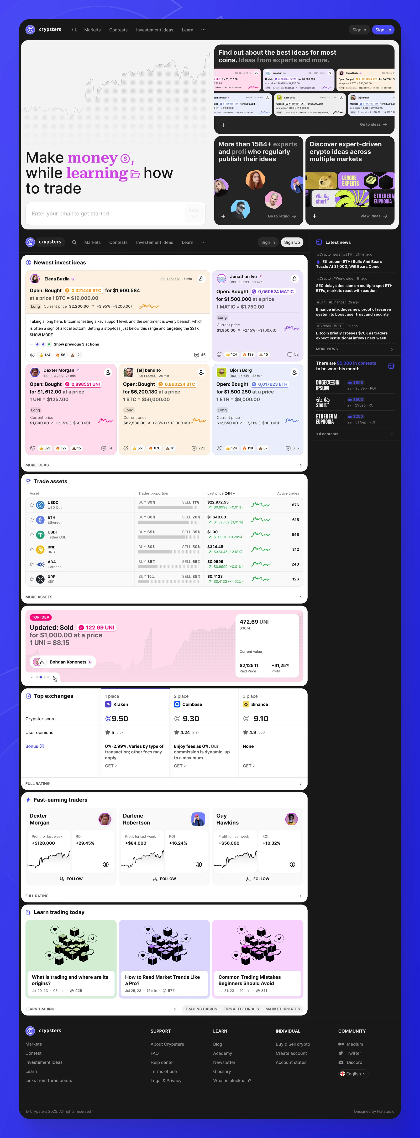 Guest homepage of a crypto forecasting platform with sign-up prompt and live trading ideas.