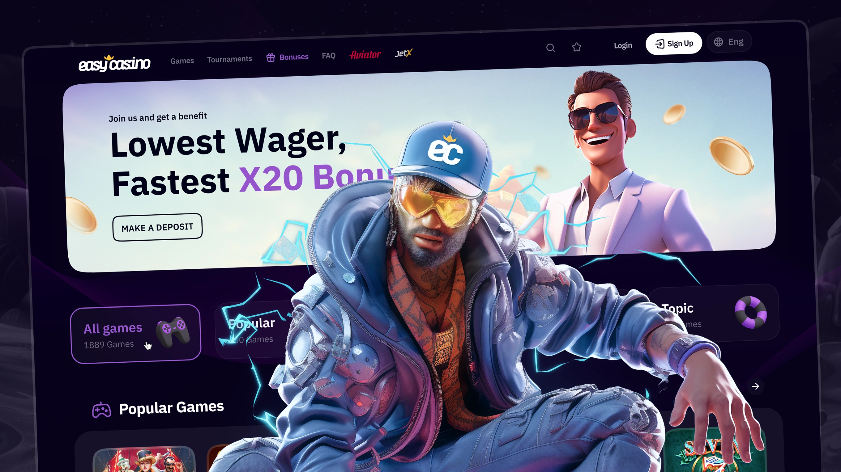 Easy Casino showing homepage with promo banner and illustrated brand character.
