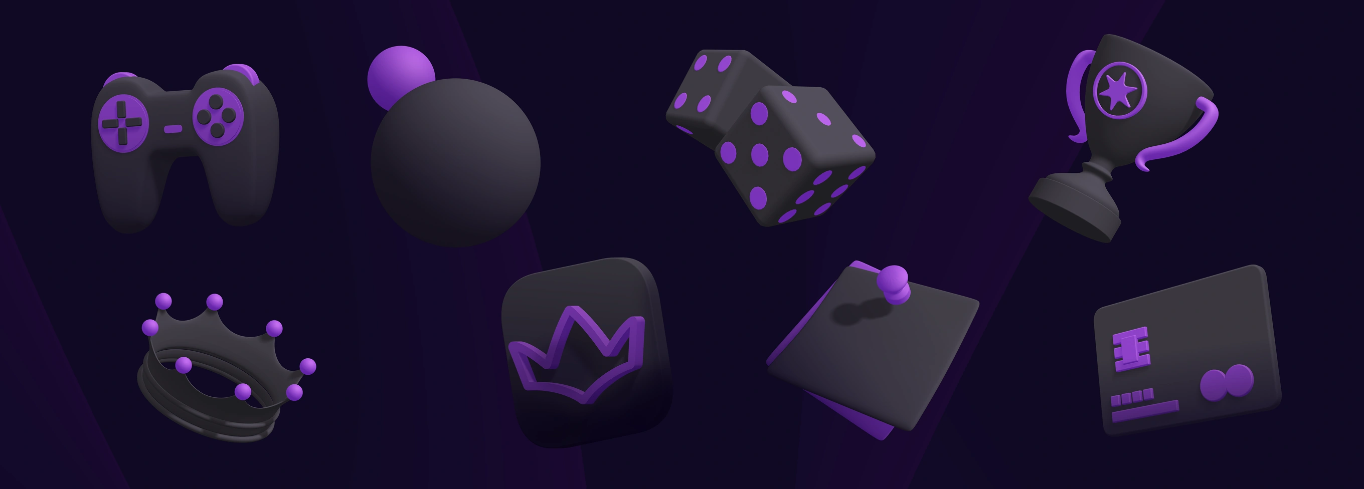Purple 3D icon set with controller, dice, trophy, crown, and playing card icons.