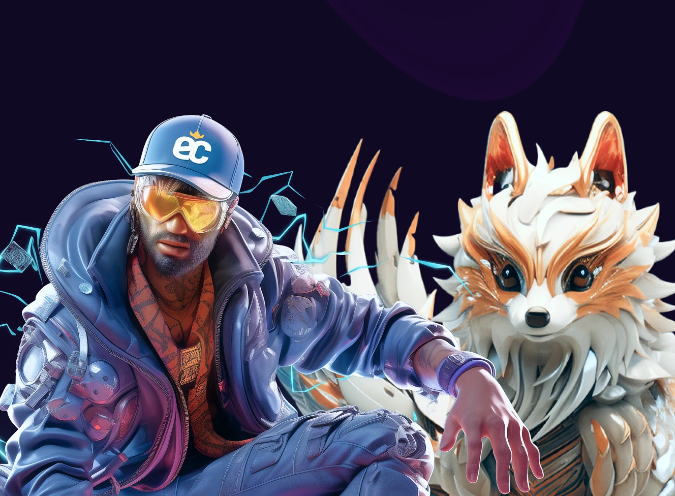 Illustrated character wearing an Easy Casino cap and sunglasses beside a fox mascot with claws.