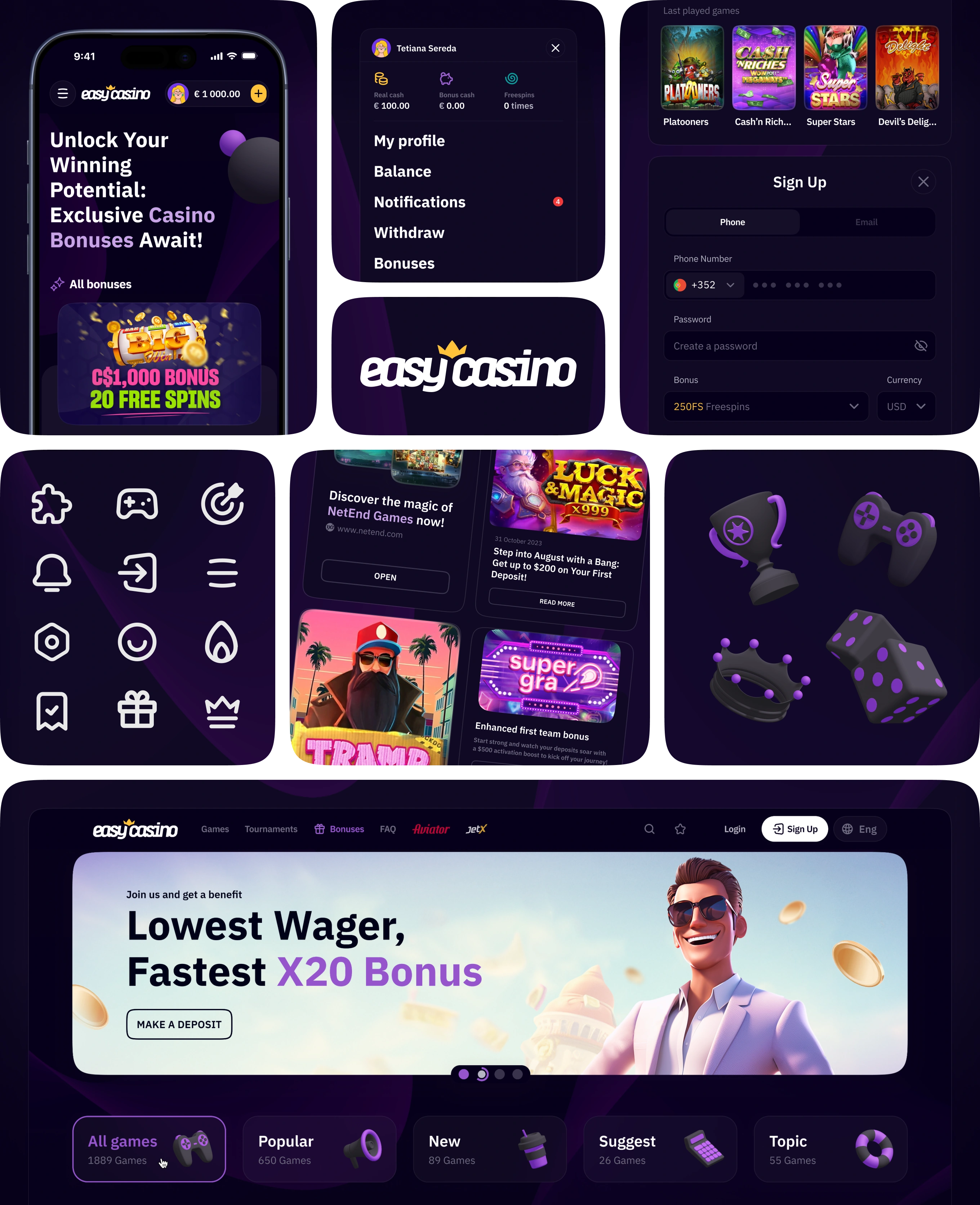 Easy Casino UI kit showing navigation icons, profile menu, sign-up modal, and 3D icons.
