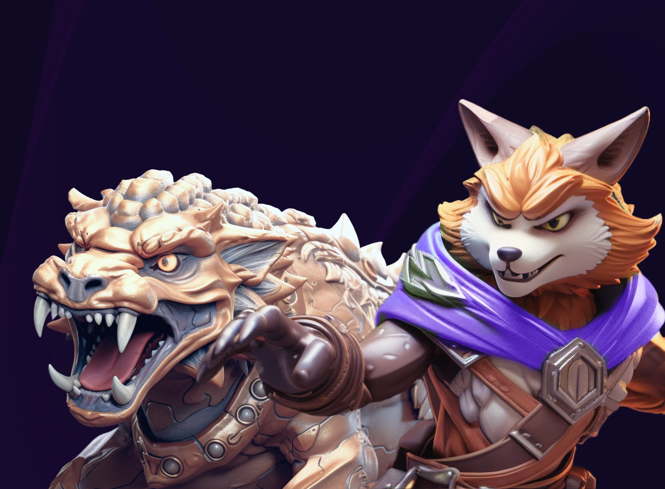 Fox mascot character in purple cape battling an armored reptilian creature in tournament artwork.