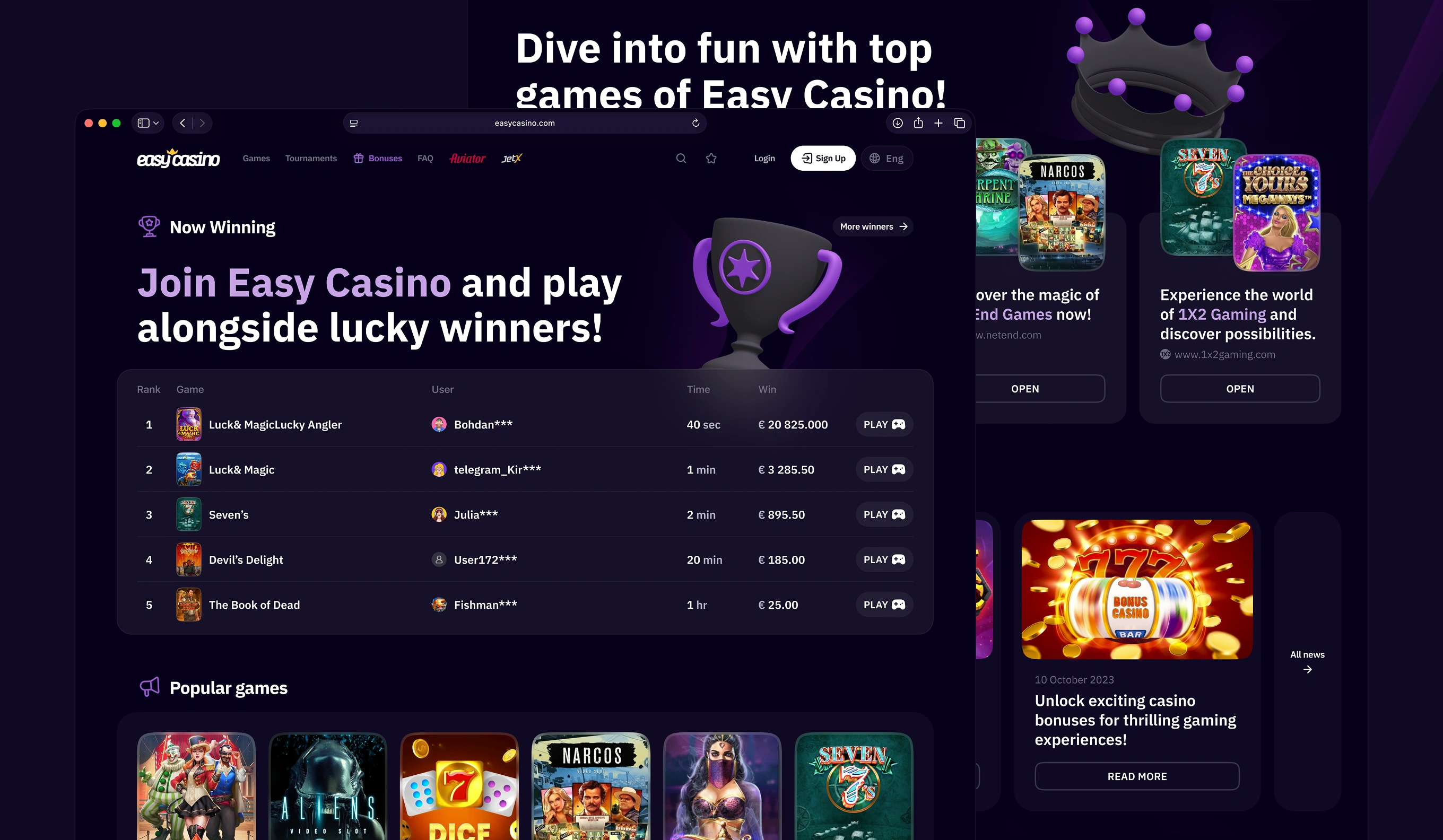 Now Winning leaderboard table with provider banners and news teaser on casino homepage.