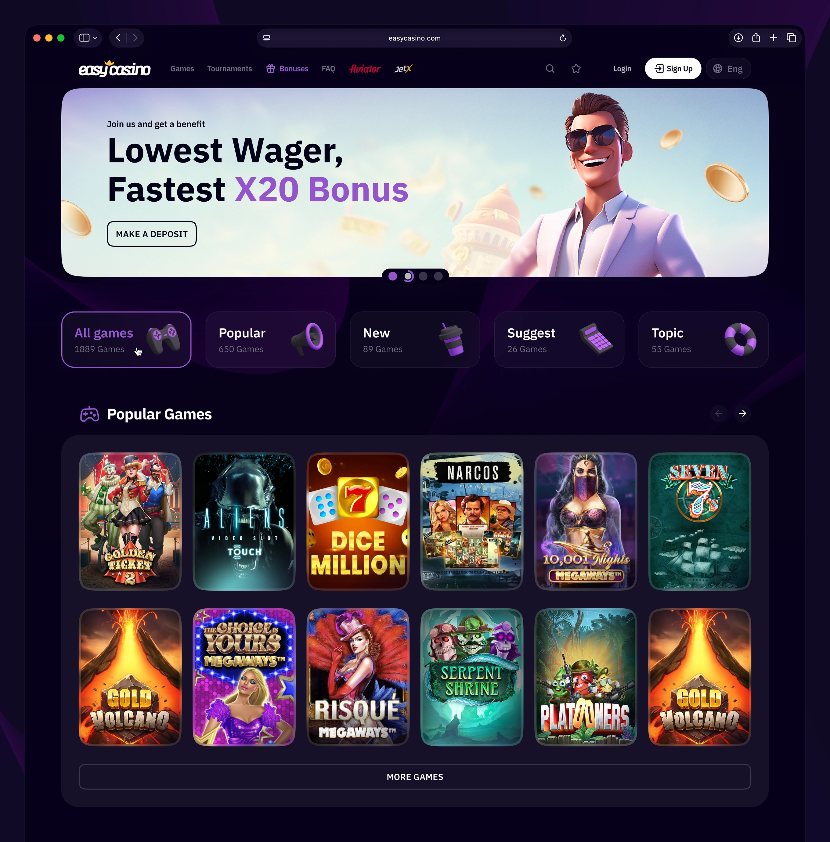 Easy Casino desktop homepage with navigation menu, promo banner, and popular games grid.