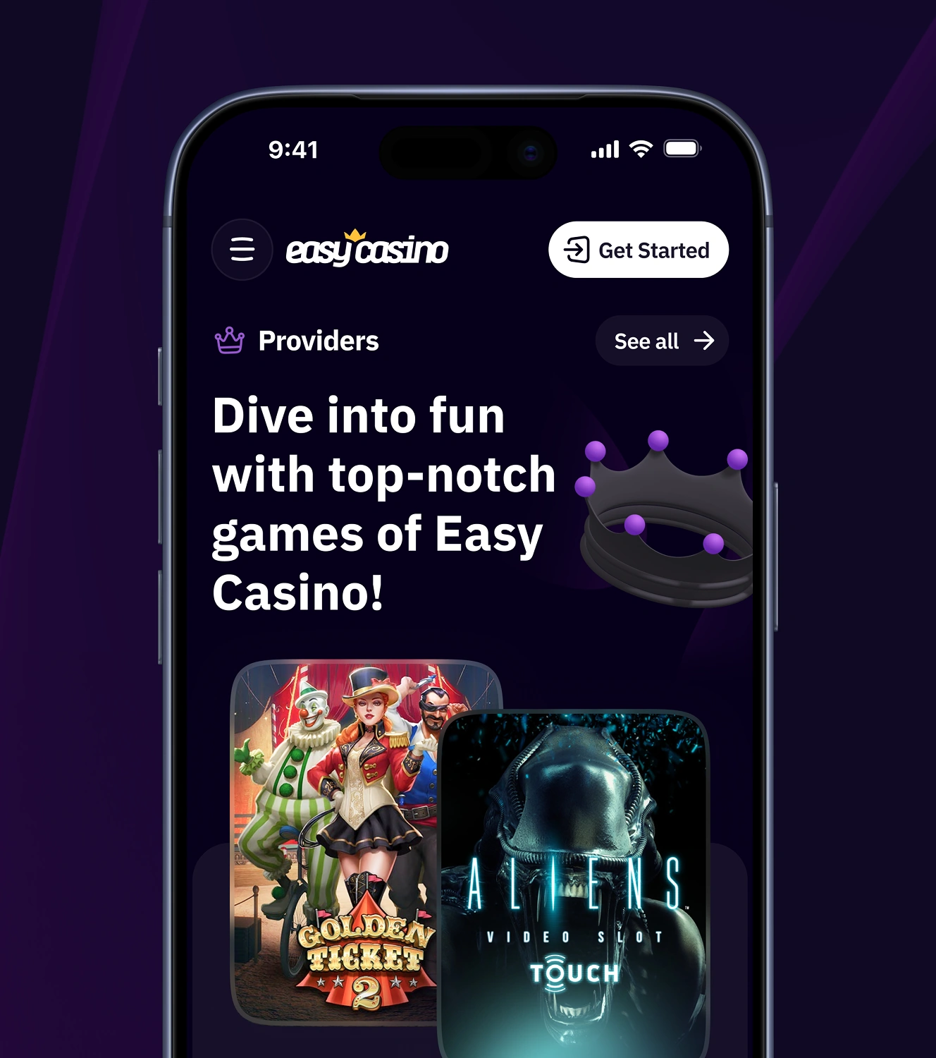Easy Casino mobile screen showing the Providers section with game tiles and crown icon.