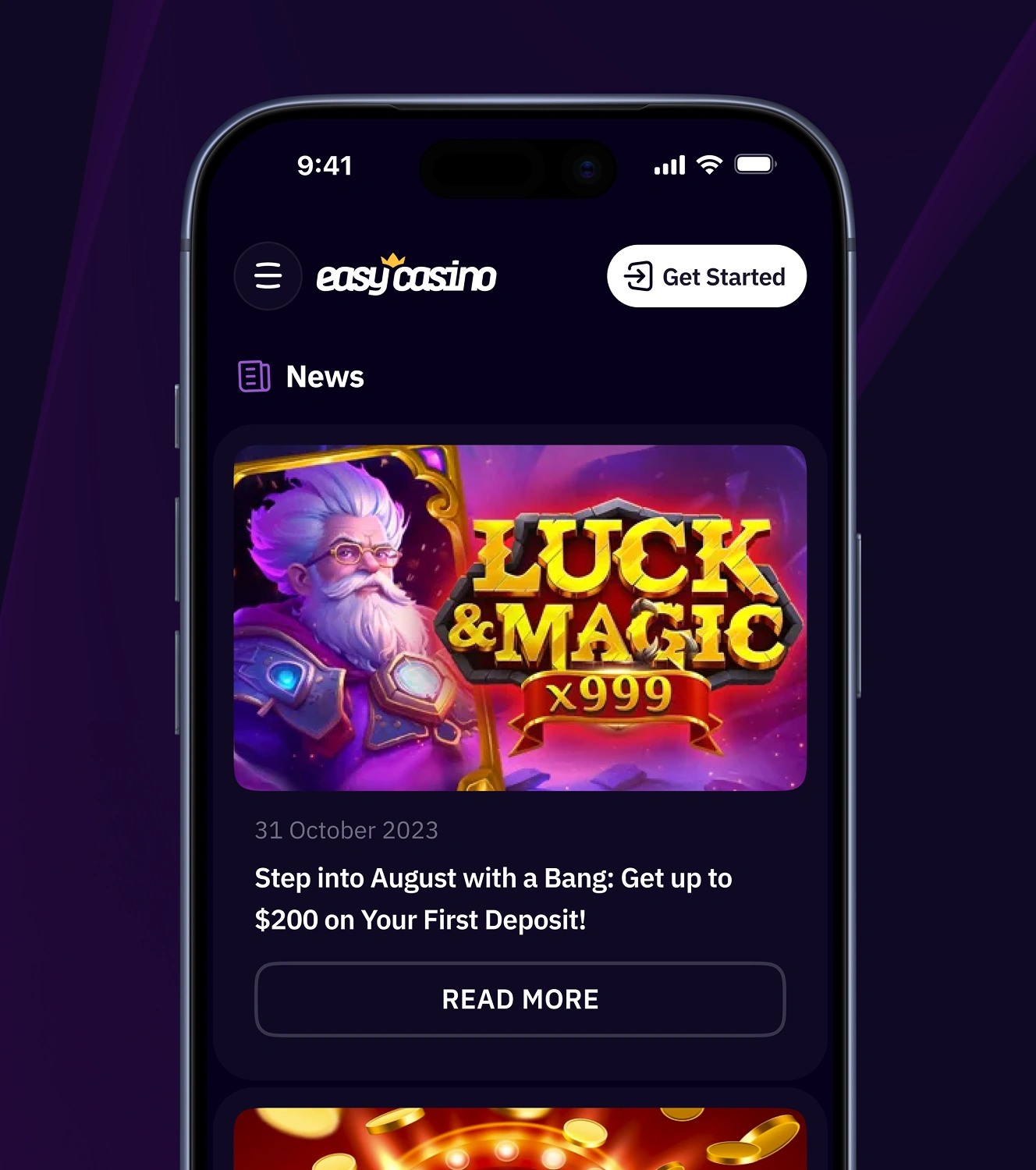 Easy Casino mobile screen showing the News section with a dated promo article.