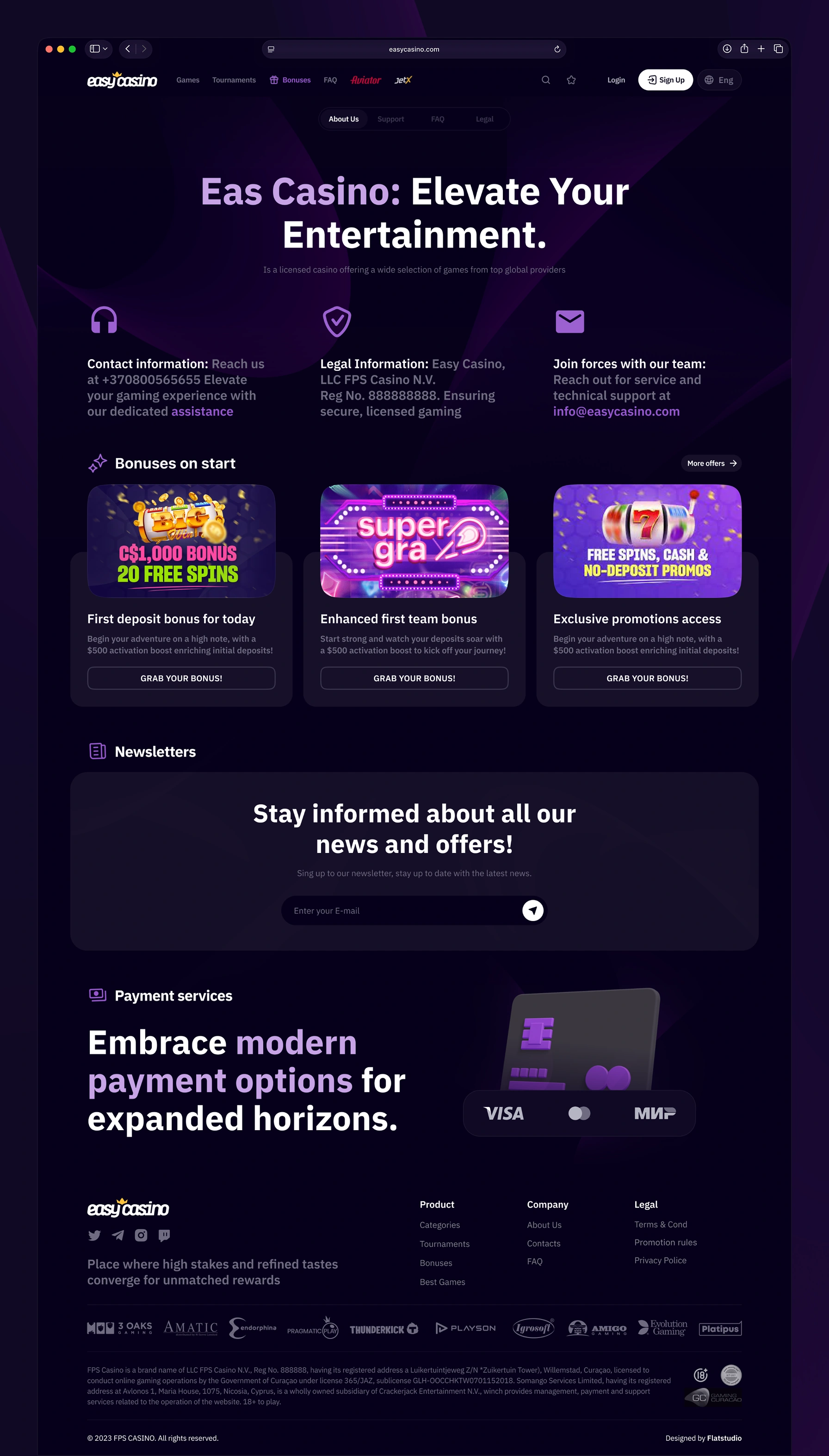 Easy Casino about page with legal information, contact details, and payment method icons.