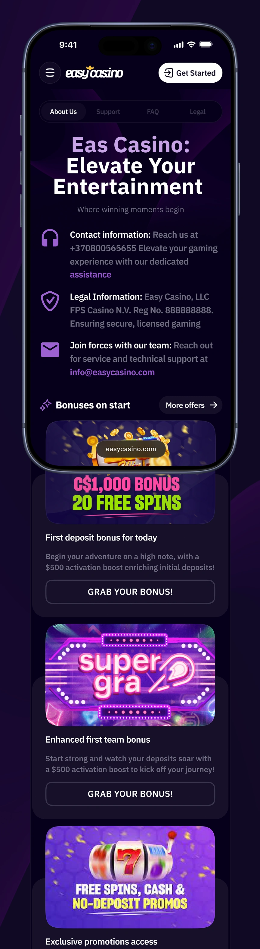Easy Casino mobile about page with legal information, contact details, and payment method icons.