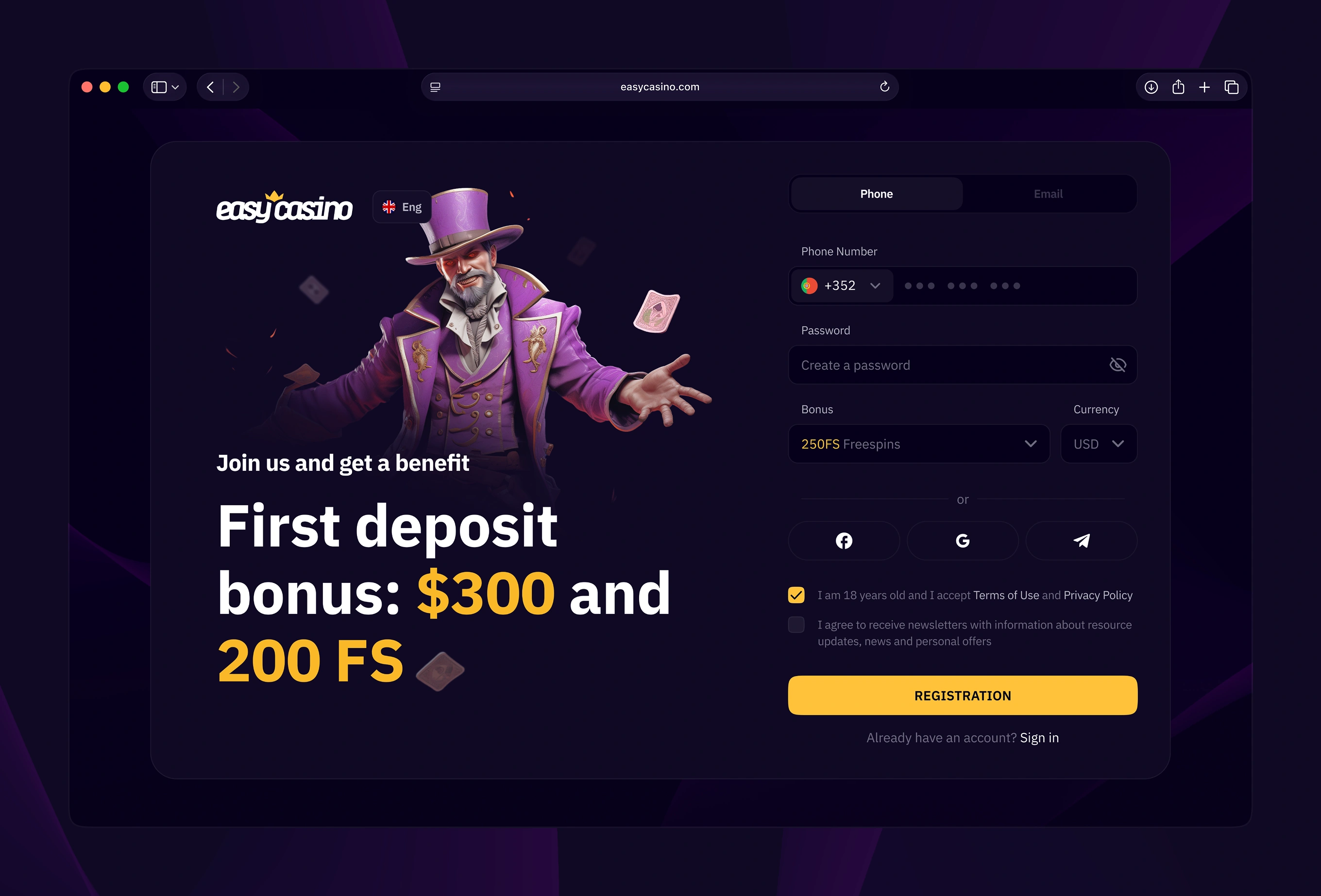 Easy Casino registration screen with phone number, bonus selector, and social login options.