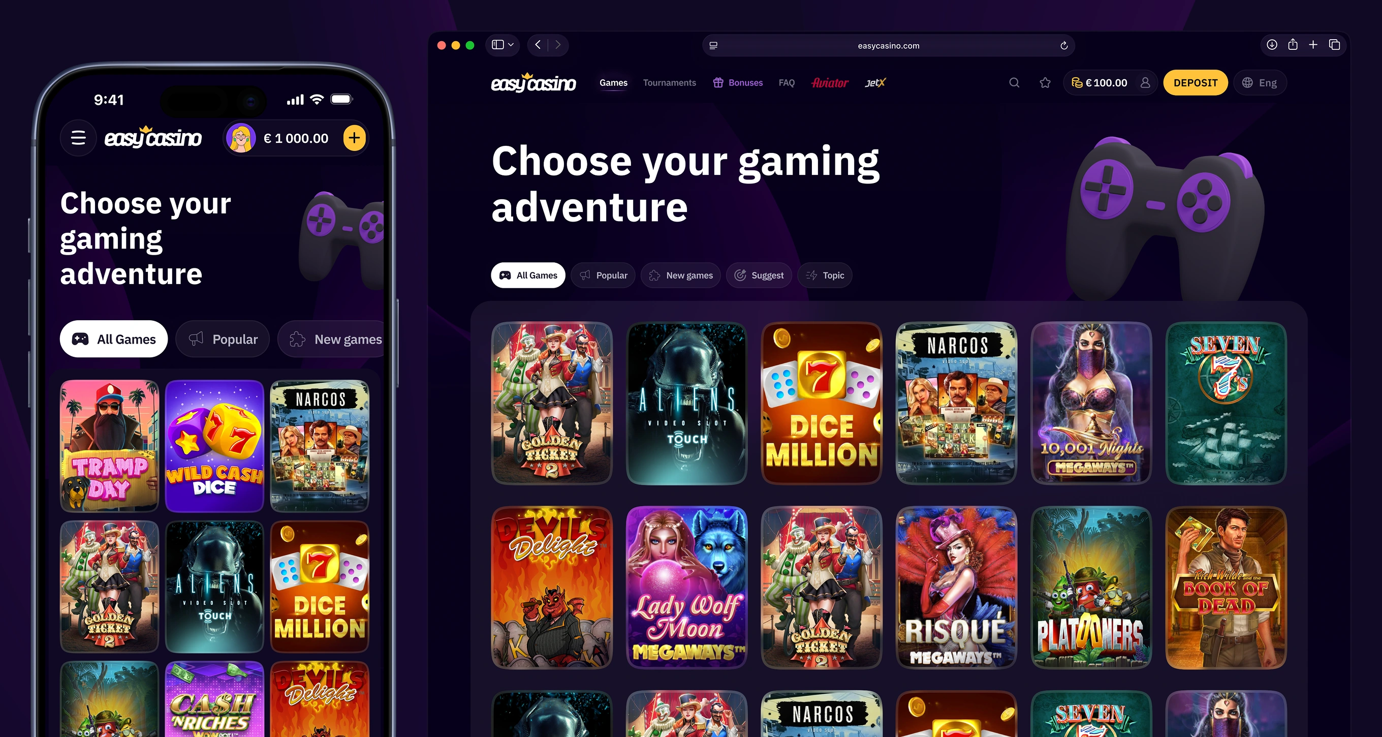 Easy Casino games catalogue page with filter tabs and grid of slot game tiles.