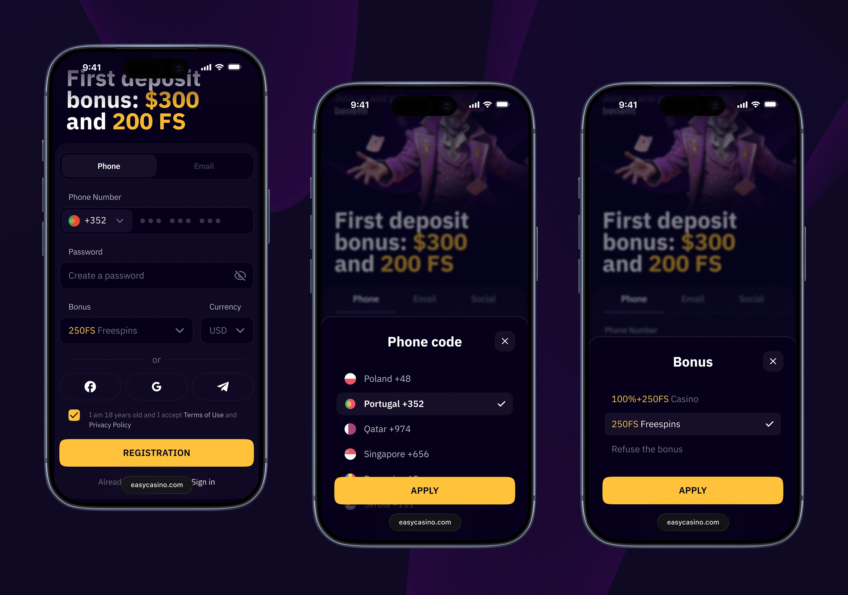 Three Easy Casino mobile screens showing registration form, phone code picker, and bonus picker.