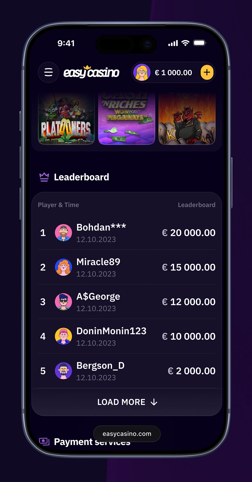 Easy Casino mobile tournament page showing included games and a ranked leaderboard table.