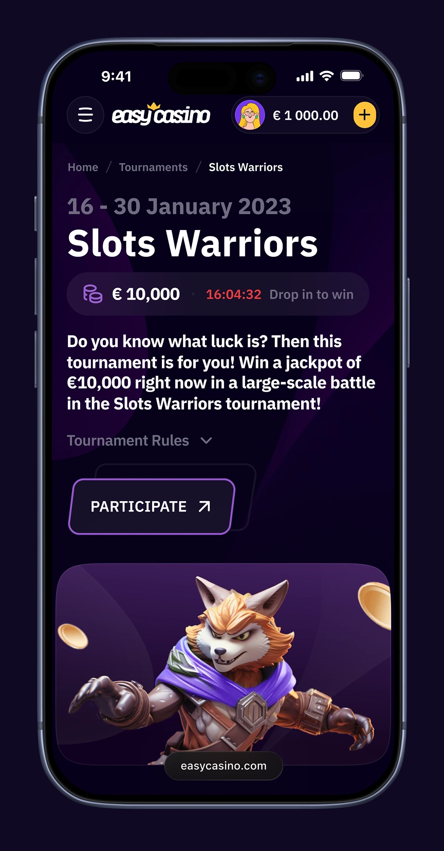 Easy Casino mobile tournament page for Slots Warriors showing prize pool and Participate button.