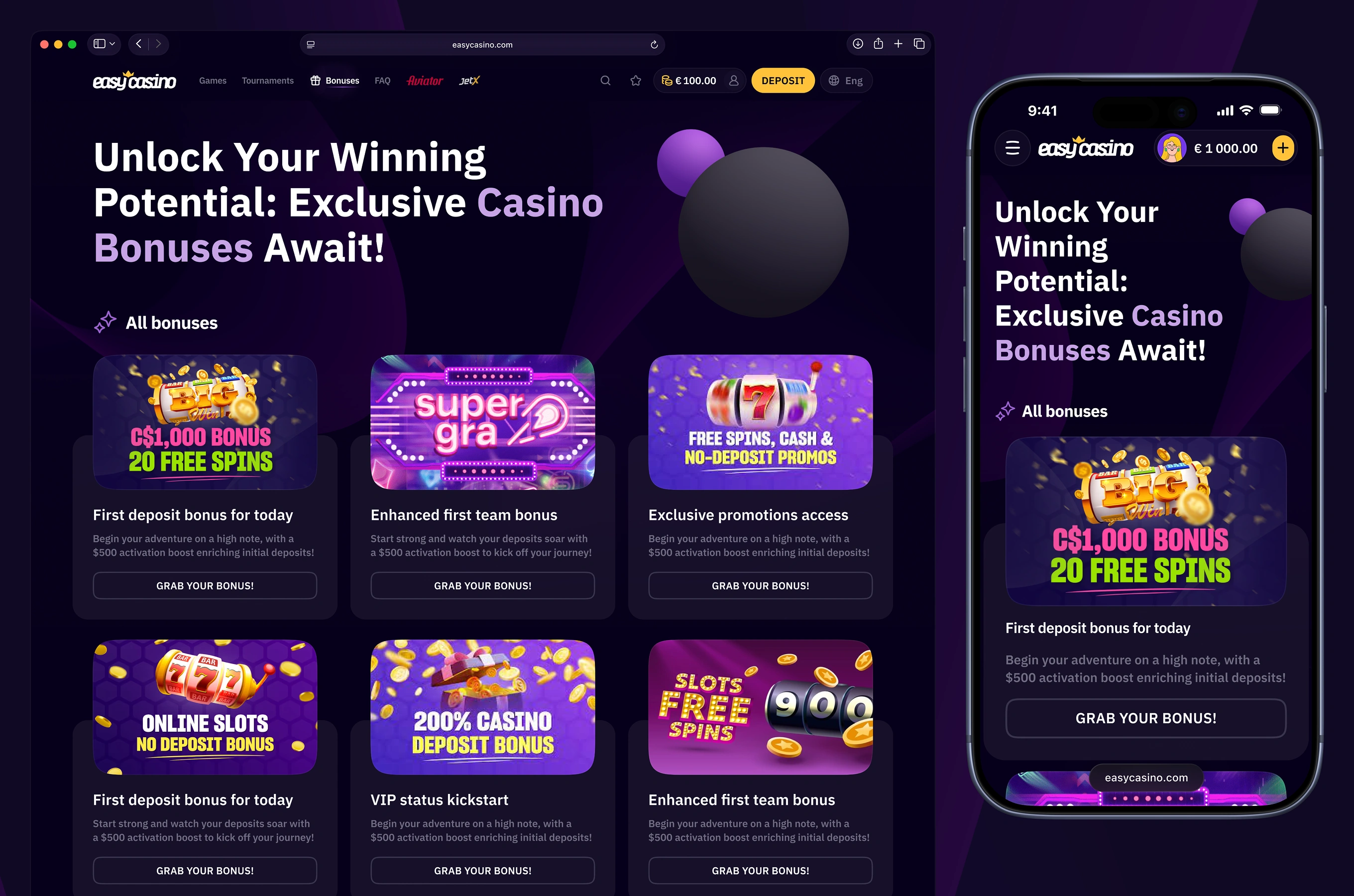 Easy Casino bonuses page grid showing offer cards.