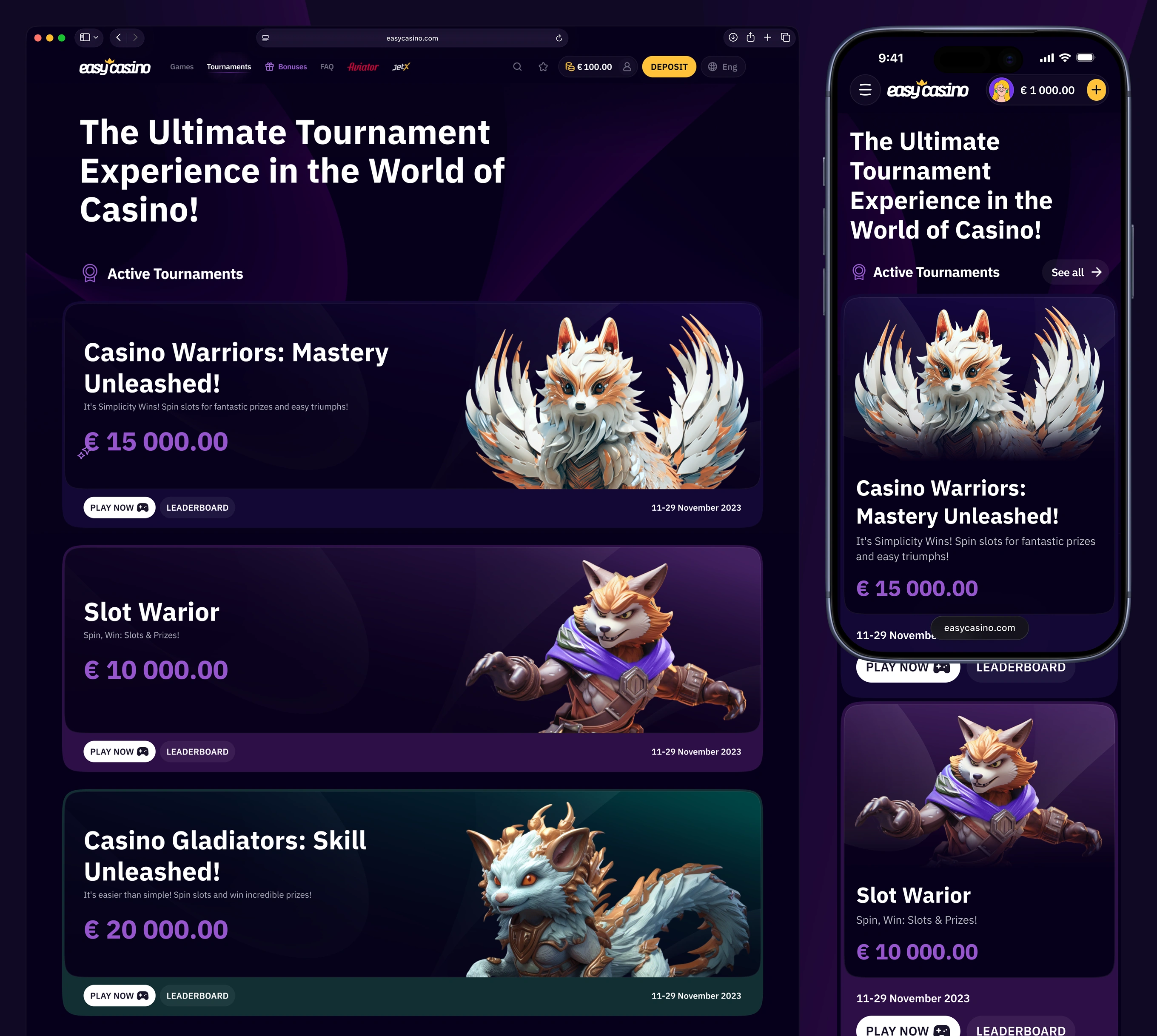 Easy Casino tournament listing with prize pools and fox mascot character illustrations.