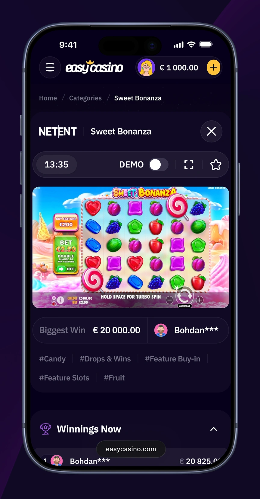 Easy Casino mobile game page featuring a winnings leaderboard and a similar games section.