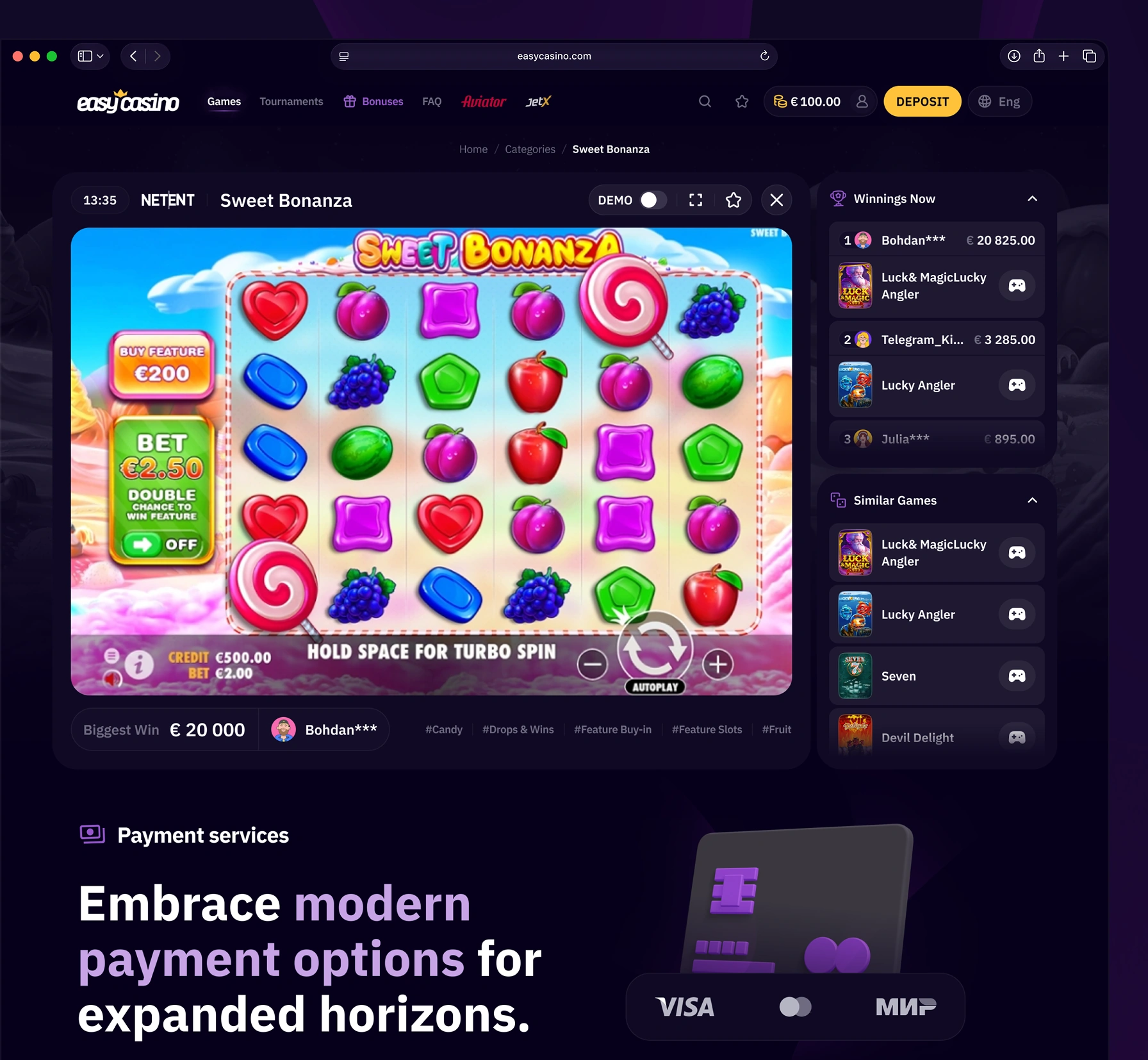 Easy Casino game page featuring a winnings leaderboard and a similar games section.