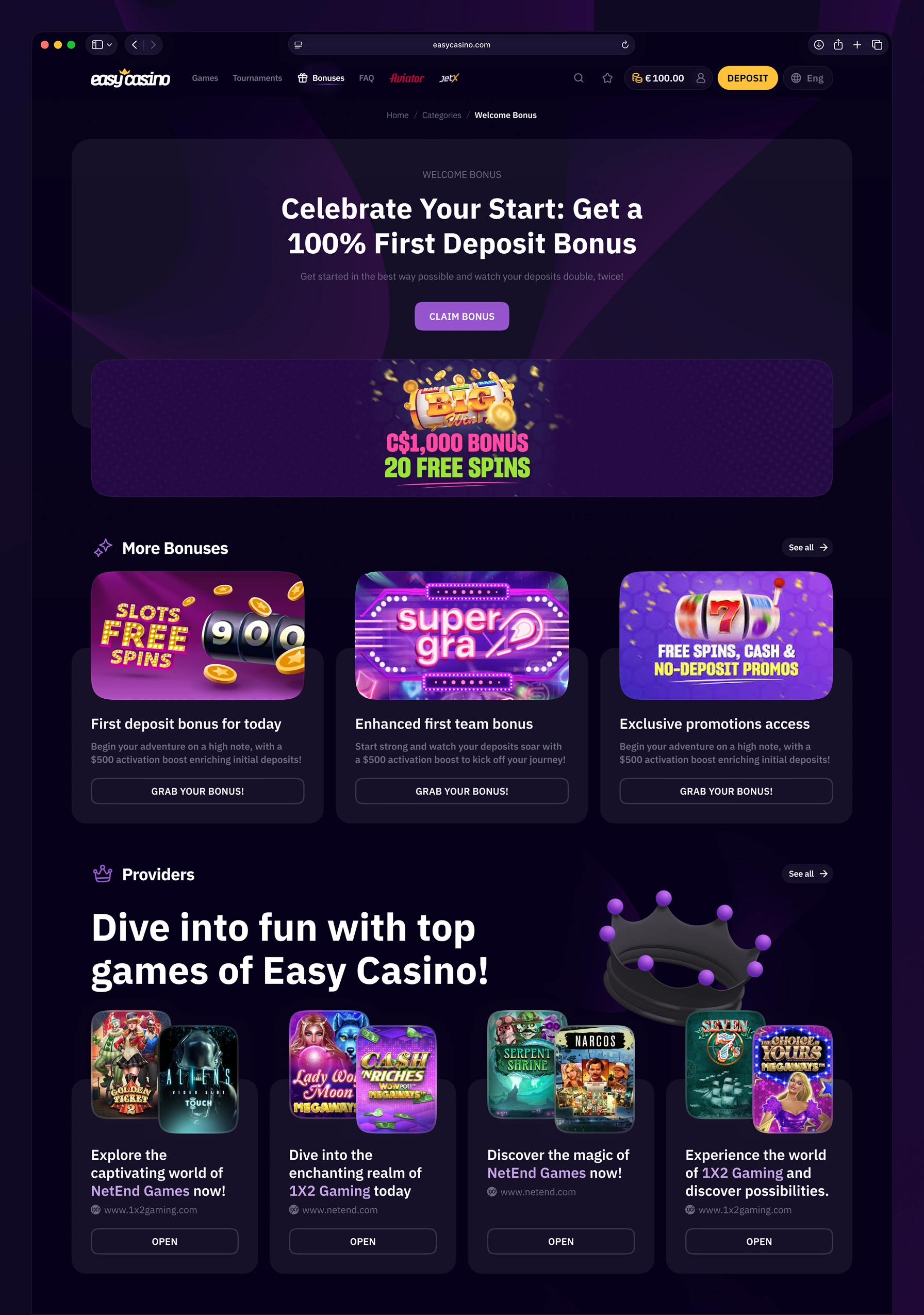 Easy Casino bonus detail page with claim button, related bonuses, and provider cards.